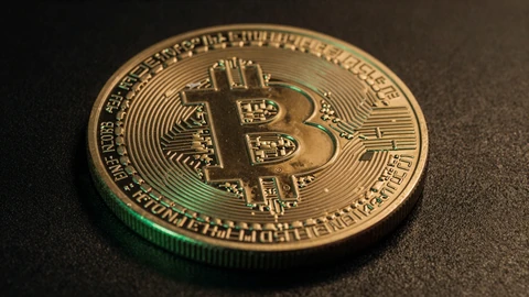 Bitcoin-M&uuml;nze mit gr&uuml;nem Neonglanz auf dunkler Oberfl&auml;che bei Golisimo Casino