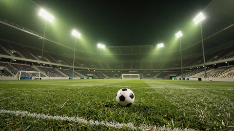 Fu&szlig;ball auf n&auml;chtlichem Spielfeld unter Stadionflutlicht f&uuml;r Golisimo Fu&szlig;ball-Event-Promo