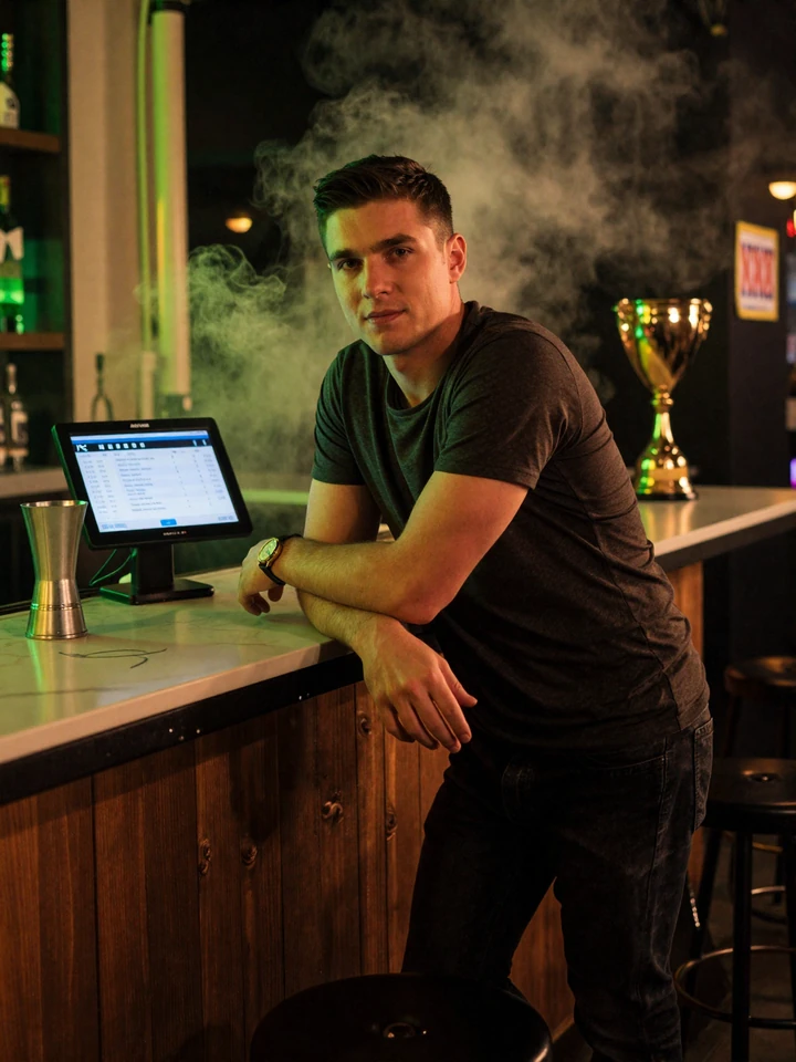 Junger Mann an Bartheke mit digitaler Zahlungsanzeige im Nacht-Sport-Bar bei Golisimo Casino