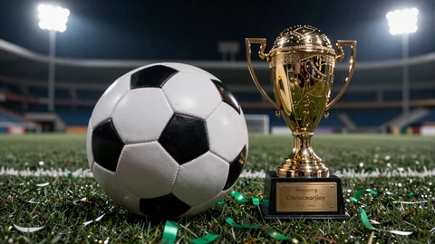 Fu&szlig;ball neben goldenem Pokal mit Konfetti auf n&auml;chtlichem Spielfeld f&uuml;r Golisimo Fu&szlig;ball-Event-Promo