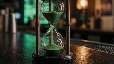 Sanduhr mit gr&uuml;nem Sand auf dunkler Bar-Theke f&uuml;r Golisimo Bonus-G&uuml;ltigkeitszeitraum