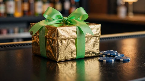 Goldene Geschenkbox mit gr&uuml;ner Schleife auf dunkler Bar-Theke mit Neonglanz f&uuml;r Golisimo Willkommensbonus