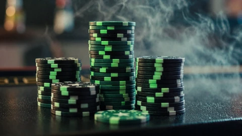 Schwarze und gr&uuml;ne Pokerchips mit Neonglanz auf Bar-Theke f&uuml;r Golisimo Reload-Bonus